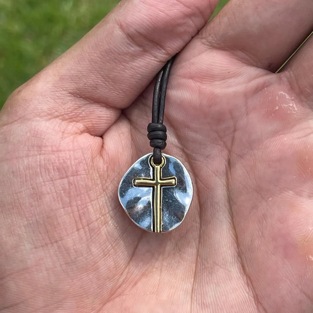Copper Cross Coin Men Necklace - Plated Vintage Textured Medallion, Mens Round Circle Disk, Catholic Pendant, Antique Jewelry, Religious Charms, Hammered Crosses, Gift To Husband (Gold, Silver)