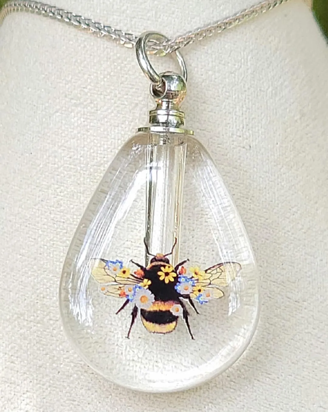 Cremation Urn Bottle Bumble Bee Wild Flowers Sympathy Gift Sterling Silver Necklace (stainless-steel)
