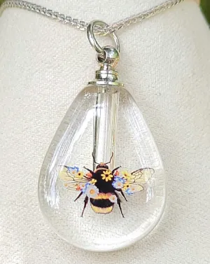 Cremation Urn Bottle Bumble Bee Wild Flowers Sympathy Gift Sterling Silver Necklace (stainless-steel)