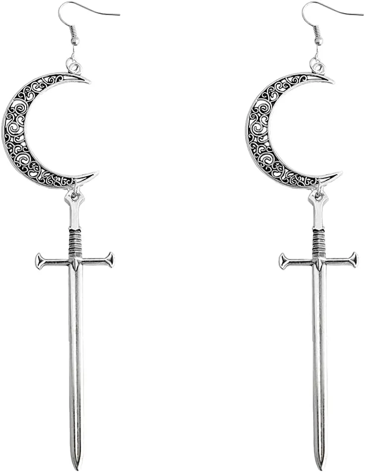 Cross Drop Dangle Small Hoop Earrings for Women Men Stainless Steel Engrave Moon Crescent Halloween Statement Charms Drop Dangling Hoops Cuff Cartilage Wrap Vintage Punk Pray Jewelry