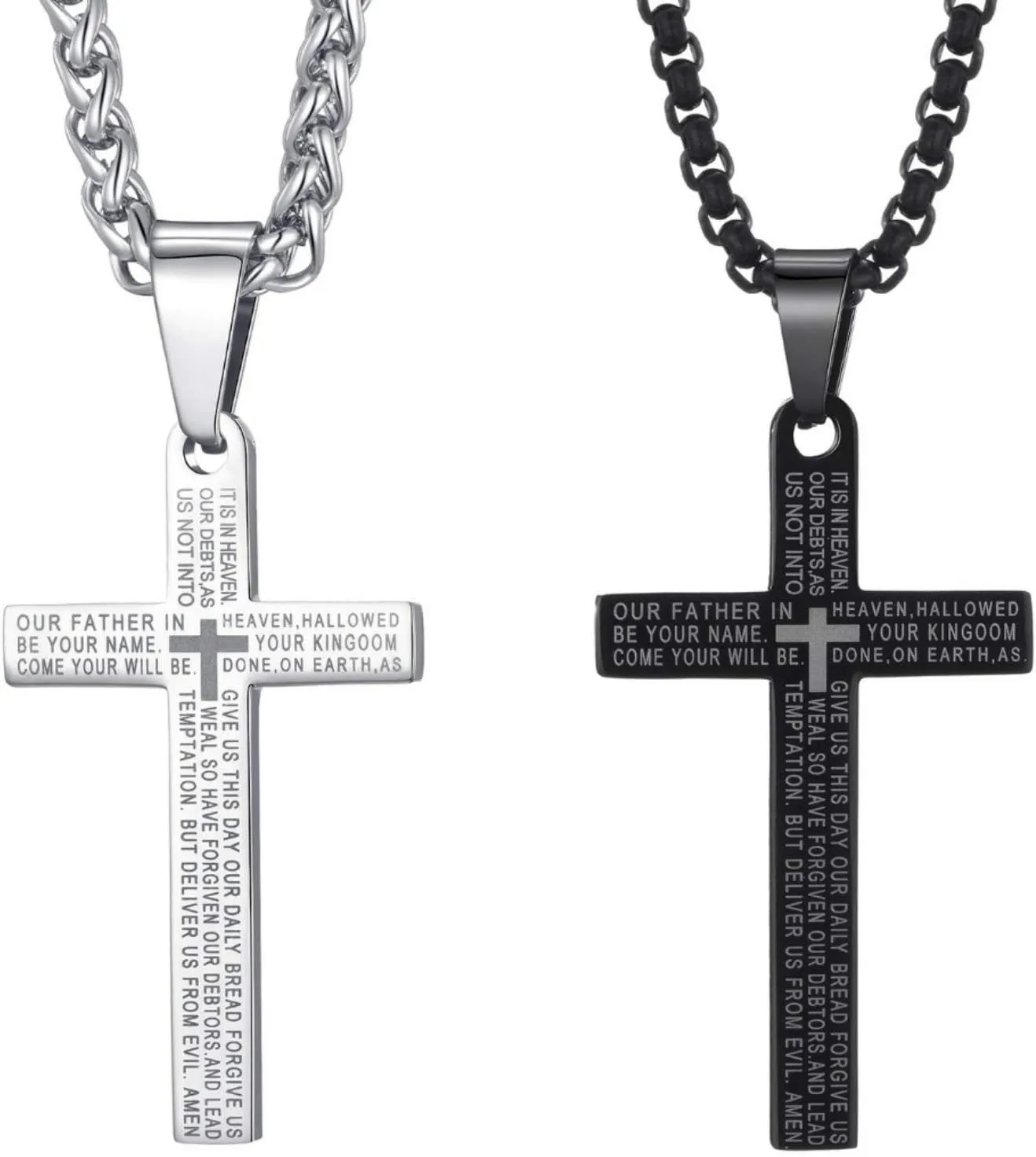 Cross Necklace for Men Lord's Prayer Cross Pendant with 24 Inches Stainless Steel Link Chain