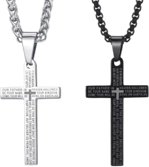Cross Necklace for Men Lord's Prayer Cross Pendant with 24 Inches Stainless Steel Link Chain