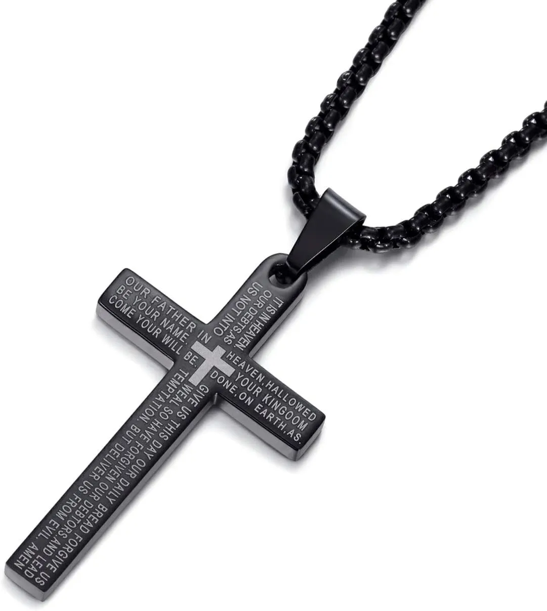 Cross Necklace for Men Lord's Prayer Cross Pendant with 24 Inches Stainless Steel Link Chain