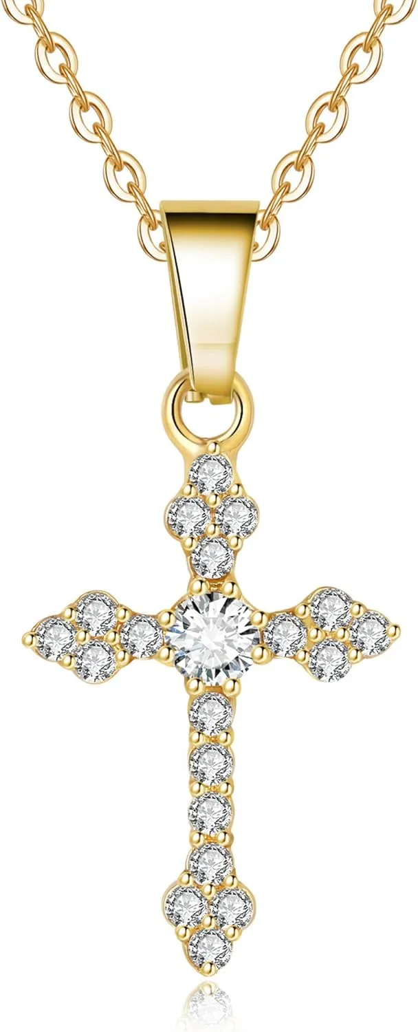 Cross Necklace for Women, [ 5A Cubic Zirconia ] 18K Gold Plated Stainless Steel Small Cross Pendant for Women, 18" 2" Chain included