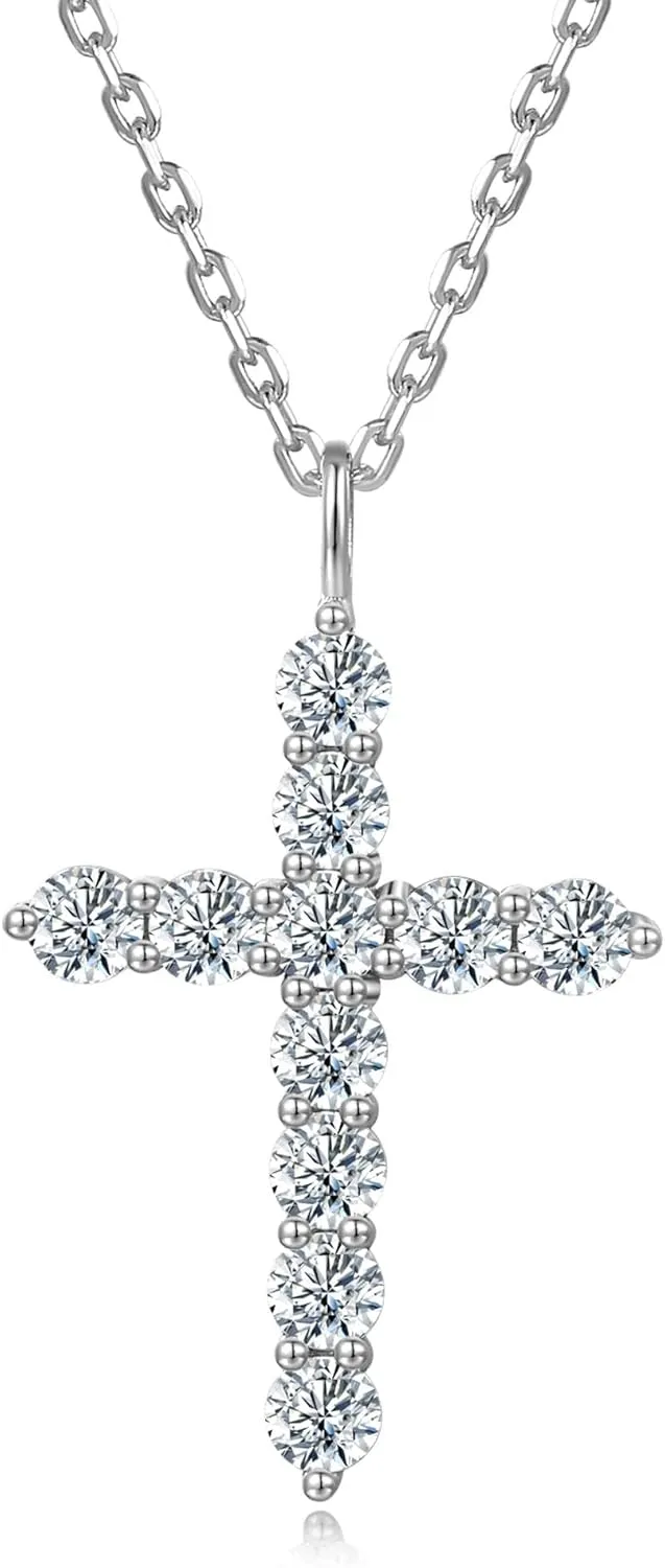 Cross Necklace for Women Cross Chain, Rhodium-Plated Sterling Silver Cubic Zirconia Simulated Diamond Cross Pendant Necklace Jewelry Easter Gift for Women, 18" Silver Chain Nice Gifts Jewelry Box