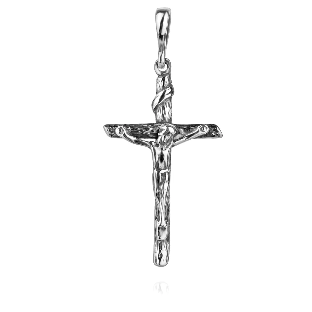 Cross Pendant Jesus Christ Crucifix Sterling Silver 925 Wood Textured Religious Unisex Jewelry