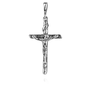 Cross Pendant Jesus Christ Crucifix Sterling Silver 925 Wood Textured Religious Unisex Jewelry