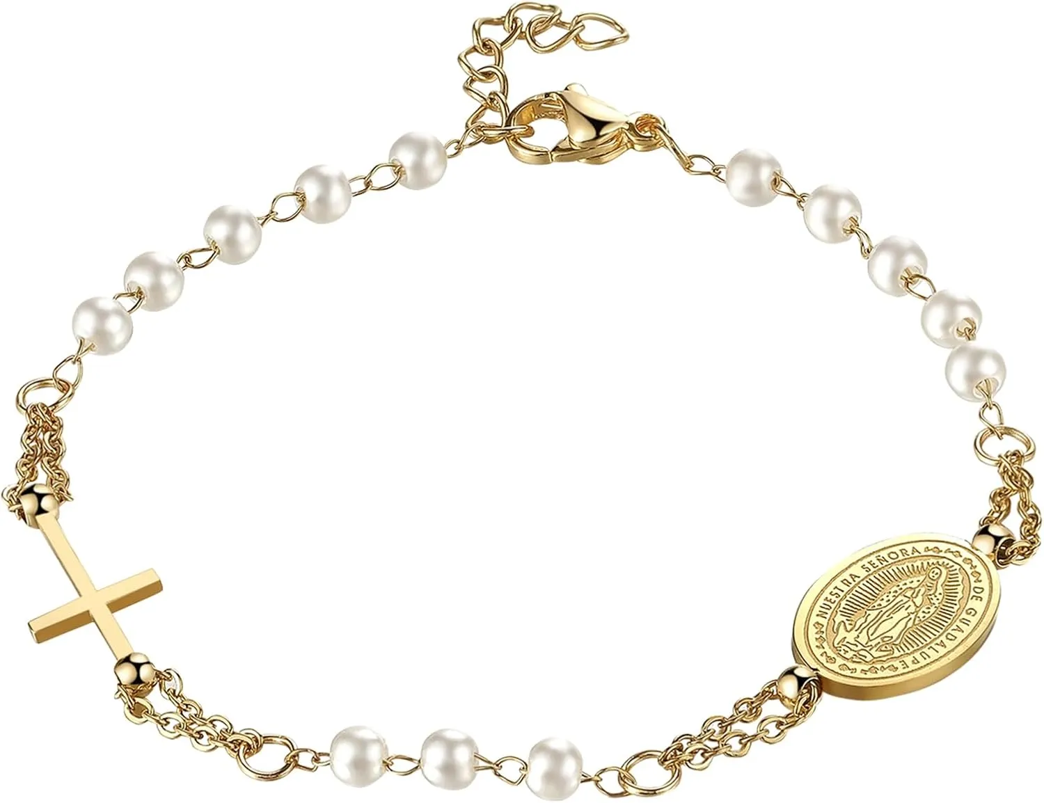 Cross Rosary Beads Catholic Bracelet: Stainless Steel Jesus Christ Crucifix First Communion and Confirmation Cross Charm Bracelet for Men Women