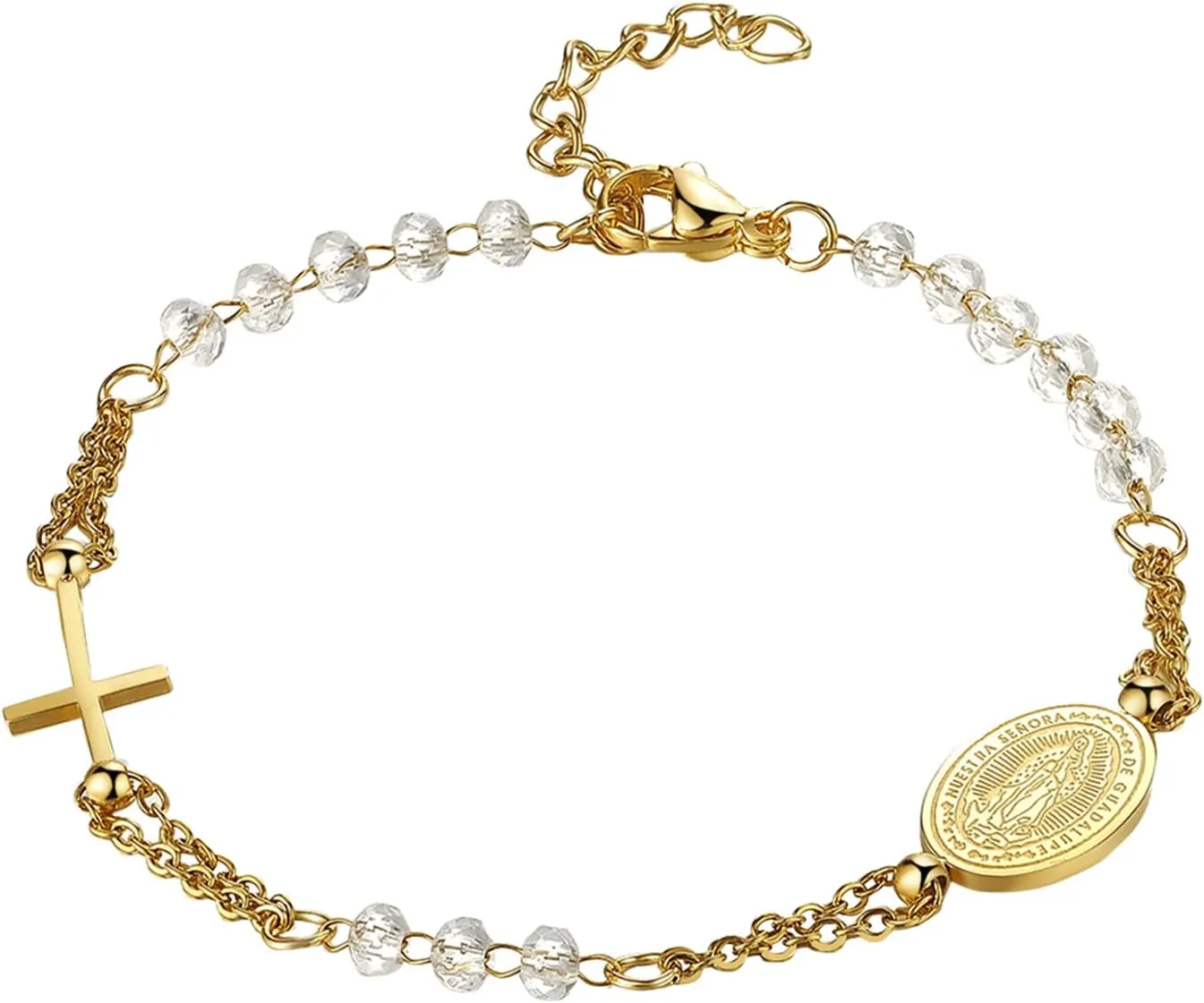 Cross Rosary Beads Catholic Bracelet: Stainless Steel Jesus Christ Crucifix First Communion and Confirmation Cross Charm Bracelet for Men Women