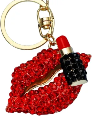 Crystal Rhinestone Lips Keychain with Lipstick Charm, Red and Black, Gold-Tone Hardware