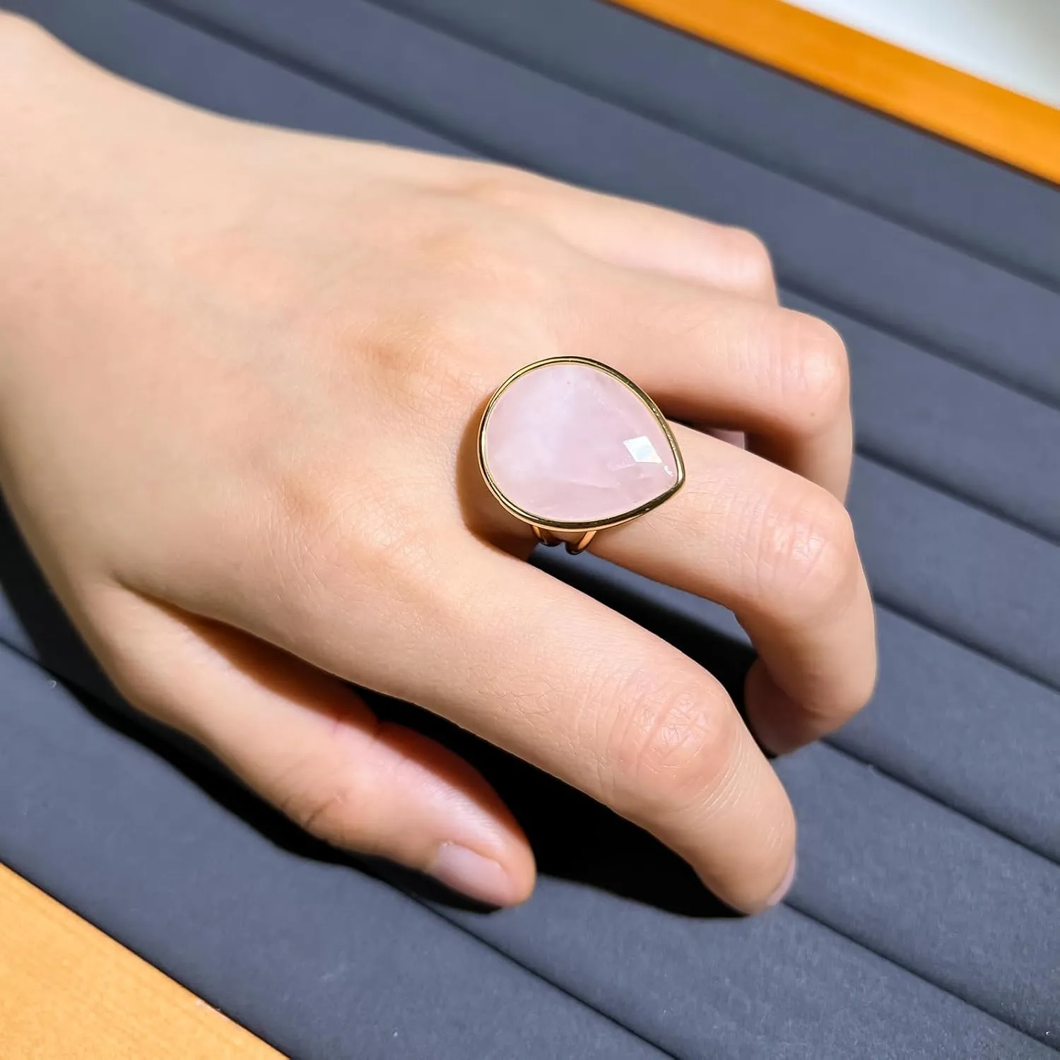 Crystal Ring for Women, Natural Rose Quartz Green Fluorite Ring for Her, Teardrop Shape Gemstone Ring Boho Ring for Gift, Handmade rose quartz Jewelry Gold Adjustable Ring.