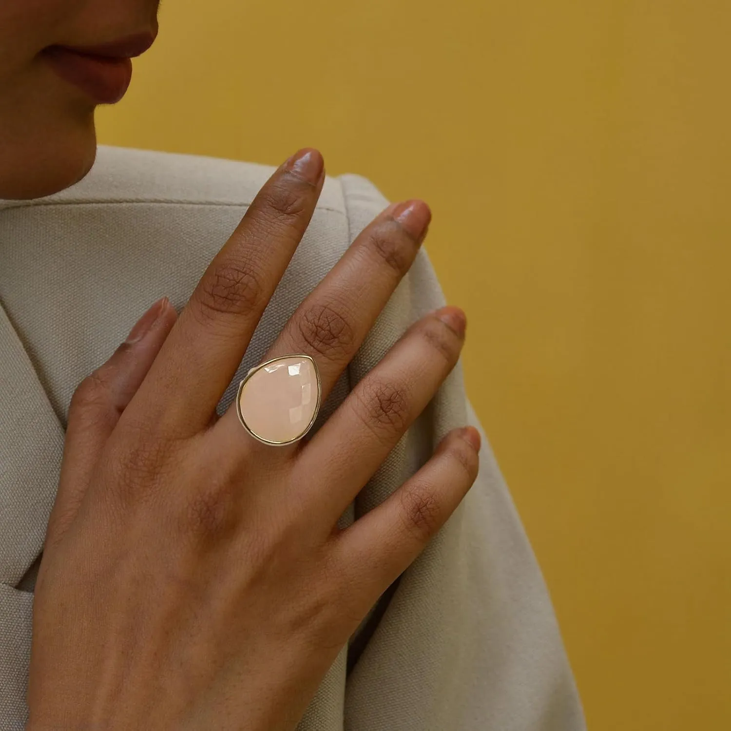 Crystal Ring for Women, Natural Rose Quartz Green Fluorite Ring for Her, Teardrop Shape Gemstone Ring Boho Ring for Gift, Handmade rose quartz Jewelry Gold Adjustable Ring.