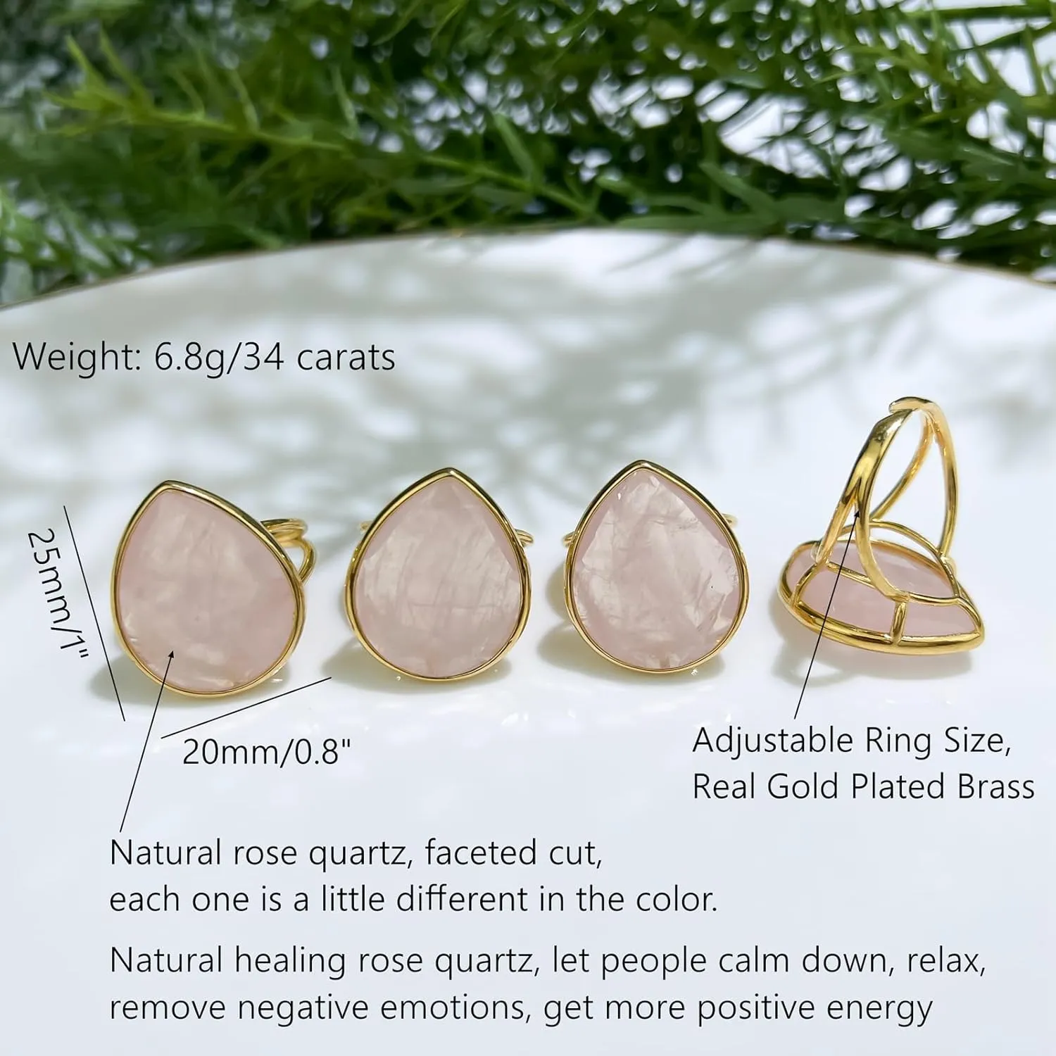 Crystal Ring for Women, Natural Rose Quartz Green Fluorite Ring for Her, Teardrop Shape Gemstone Ring Boho Ring for Gift, Handmade rose quartz Jewelry Gold Adjustable Ring.
