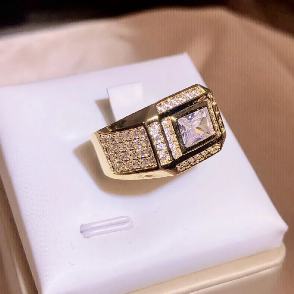 Cuban Style Iced Out Hip Hop Ring for Mens,18k Gold Plated AAA Cubic Zirconia Emerald Square Cut Engagement Wedding Mens Ring,Punk Ring Club Ring Heavy Metal Ring Party Jewelry