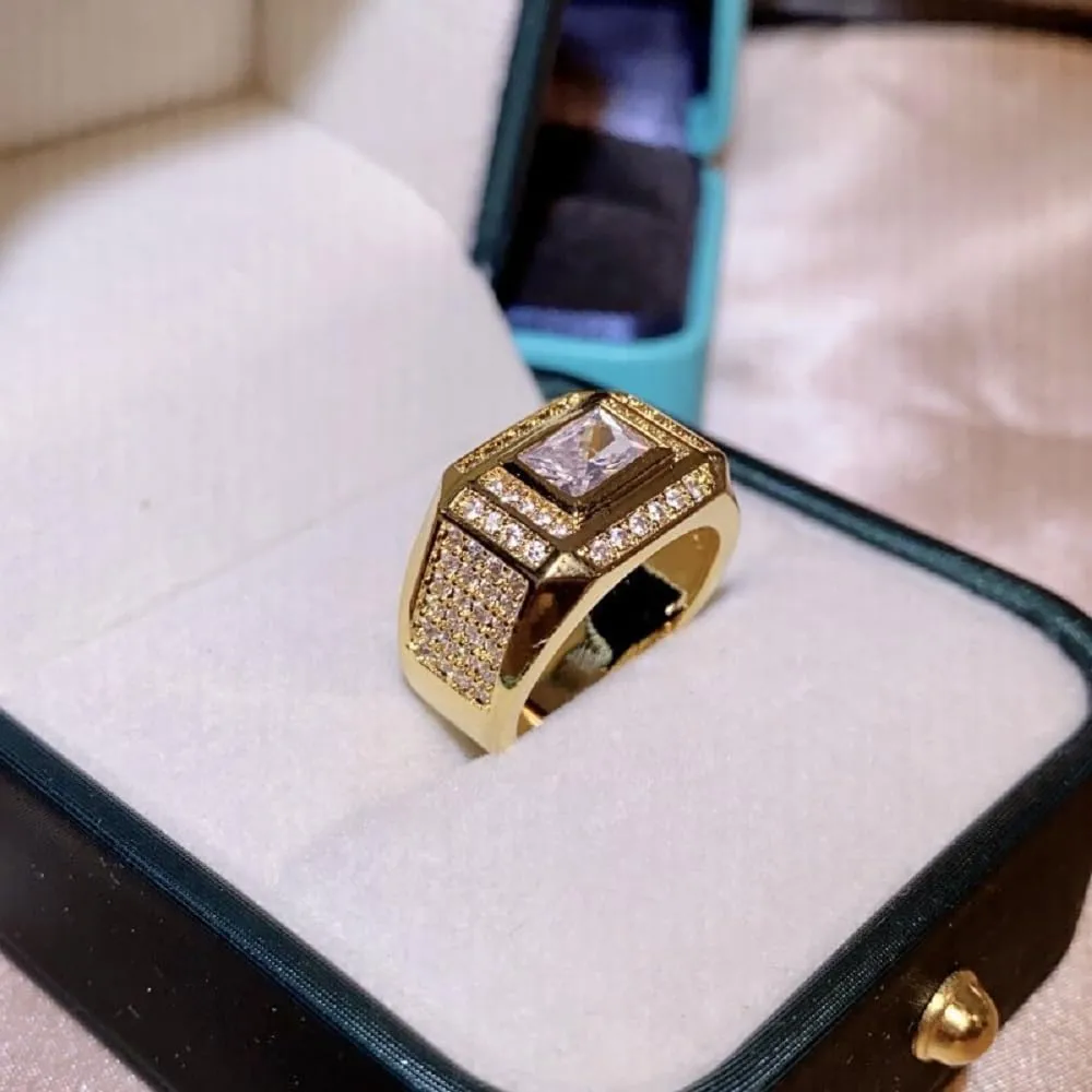 Cuban Style Iced Out Hip Hop Ring for Mens,18k Gold Plated AAA Cubic Zirconia Emerald Square Cut Engagement Wedding Mens Ring,Punk Ring Club Ring Heavy Metal Ring Party Jewelry