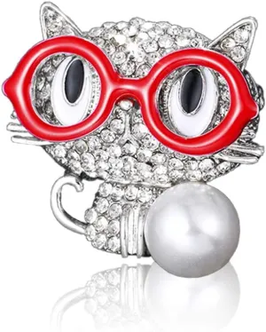 Cute Cat Brooch Pin Glasses Fortune Cat with Imitation Pearl Lapel Pin for Girls Boys Women Men