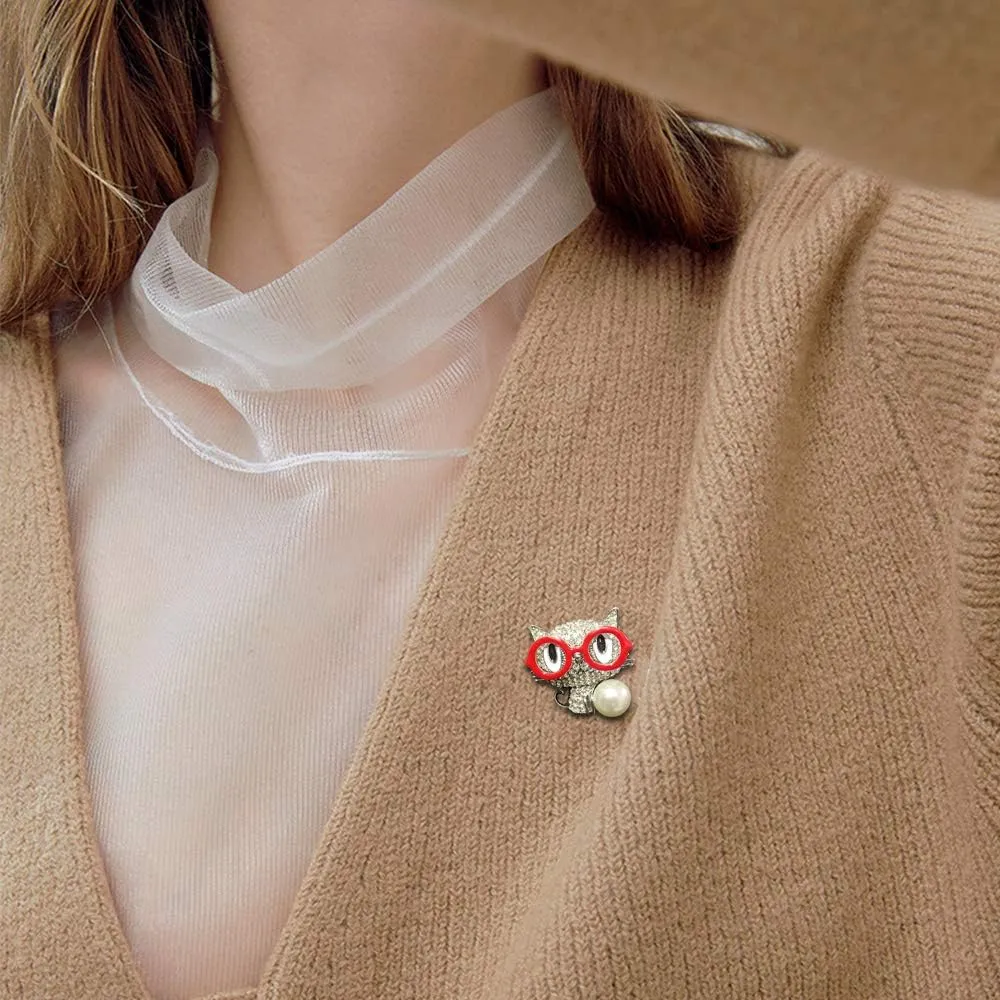 Cute Cat Brooch Pin Glasses Fortune Cat with Imitation Pearl Lapel Pin for Girls Boys Women Men