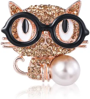 Cute Cat Brooch Pin Glasses Fortune Cat with Imitation Pearl Lapel Pin for Girls Boys Women Men