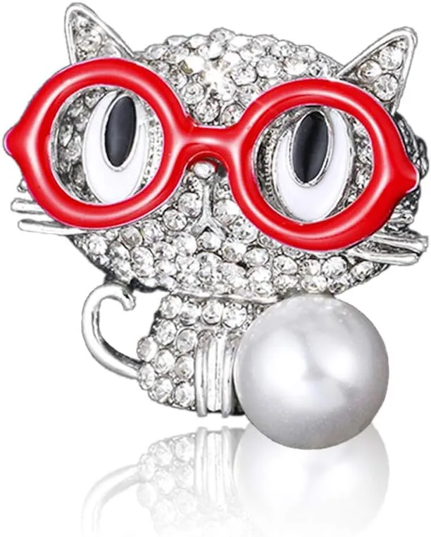 Cute Cat Brooch Pin Glasses Fortune Cat with Imitation Pearl Lapel Pin for Girls Boys Women Men