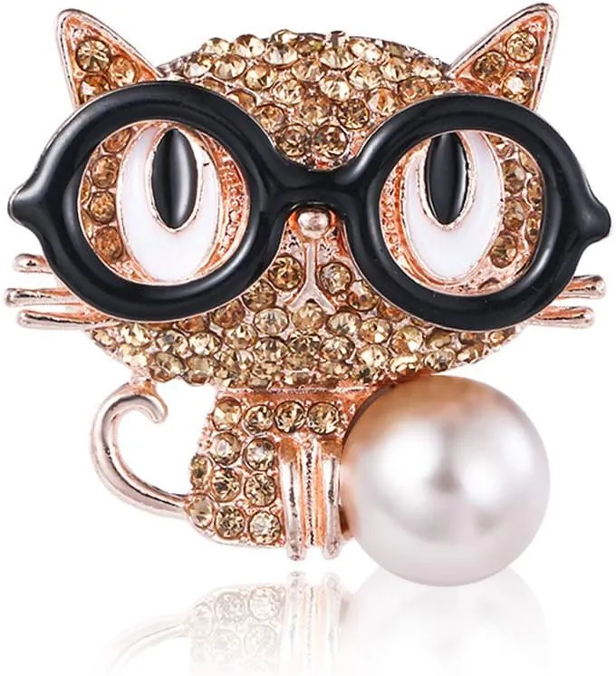 Cute Cat Brooch Pin Glasses Fortune Cat with Imitation Pearl Lapel Pin for Girls Boys Women Men