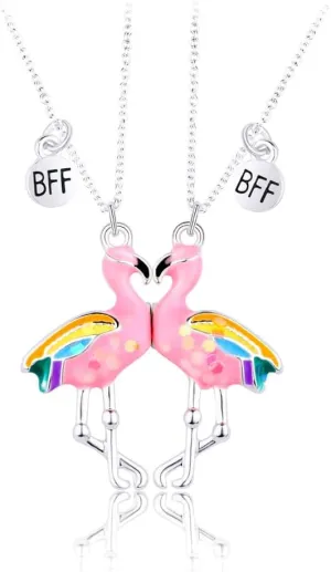 Cute Pink Flamingo Best Friend Choker Necklace for 2 Dainty Sterling Silver Plated Matching Animal Small Disc Friendship Charm Pendant Necklaces Adjustable Chain Christmas Gift for Bff Sister Daughter