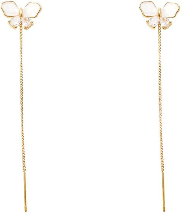 CZ Butterfly Threader Dangle Earrings for Women Girls Cubic Zirconia Golden Long Tassel Chain Drop Dangling Earring Fashion Dainty Lightweight Birthday Christmas Jewelry Gifts for Sister