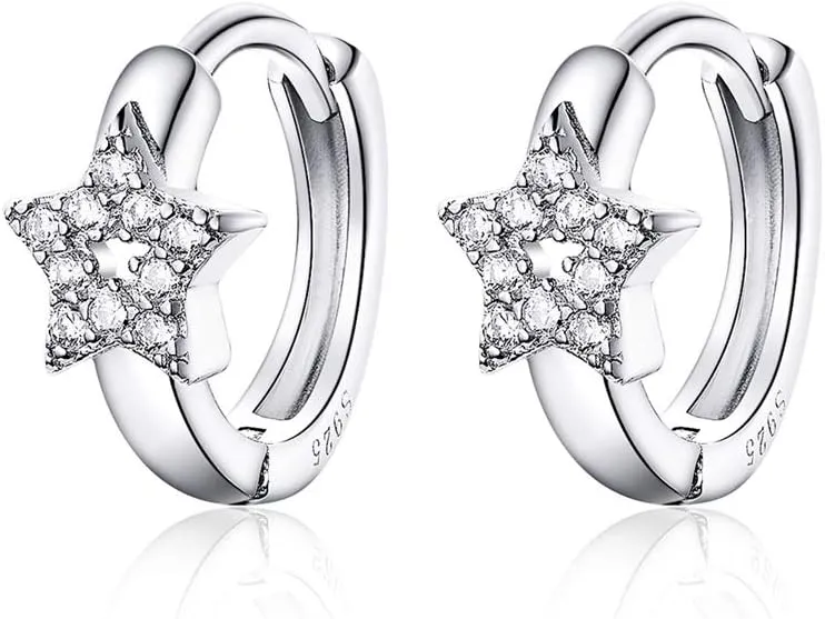 CZ Star Cubic Zirconia Cartilage Small Hoop Earrings for Women 925 Sterling Silver Tiny Cute Hollow Diamond Hinged Huggie Sleeper Hoops Hypoallergenic for Sensitive Ear Dainty Jewelry 9mm