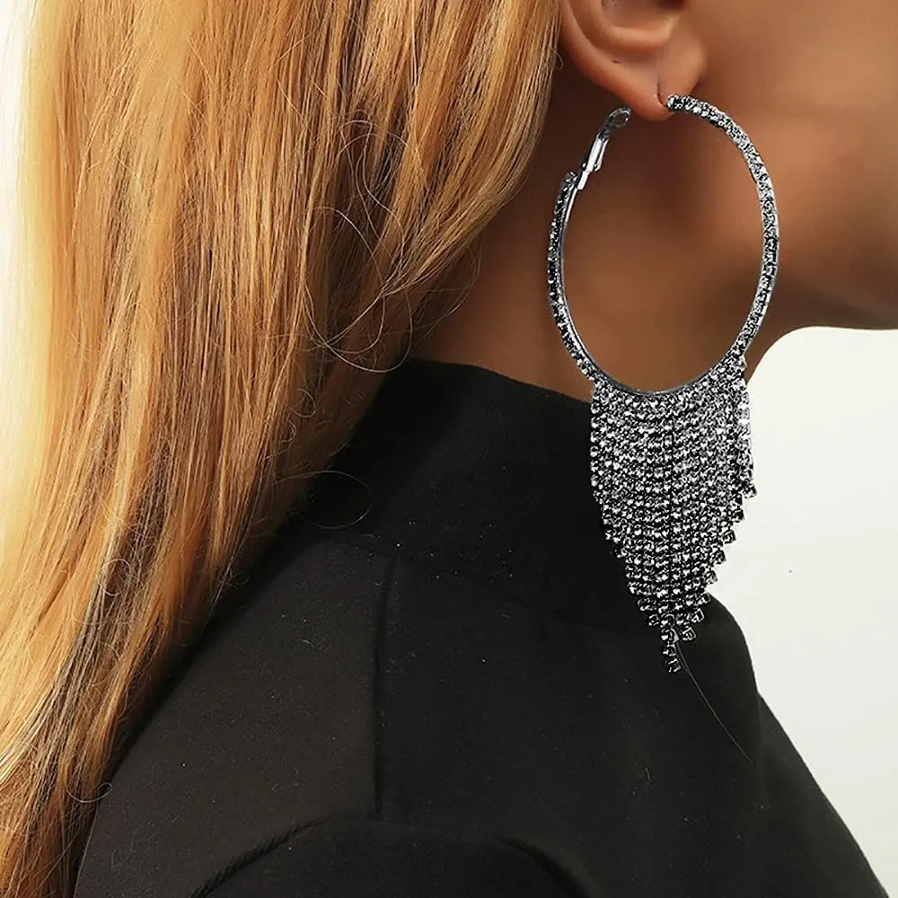 CZ Tassel Statement Drop Dangle Large Hoop Earrings for Women Cubic Zirconia Fringe Dangling Huggie Big Hoops Piercing Stud Lightweight Earring Wedding Party Jewelry