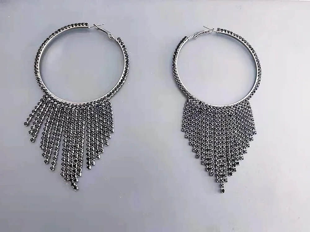 CZ Tassel Statement Drop Dangle Large Hoop Earrings for Women Cubic Zirconia Fringe Dangling Huggie Big Hoops Piercing Stud Lightweight Earring Wedding Party Jewelry