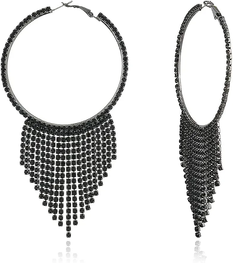 CZ Tassel Statement Drop Dangle Large Hoop Earrings for Women Cubic Zirconia Fringe Dangling Huggie Big Hoops Piercing Stud Lightweight Earring Wedding Party Jewelry