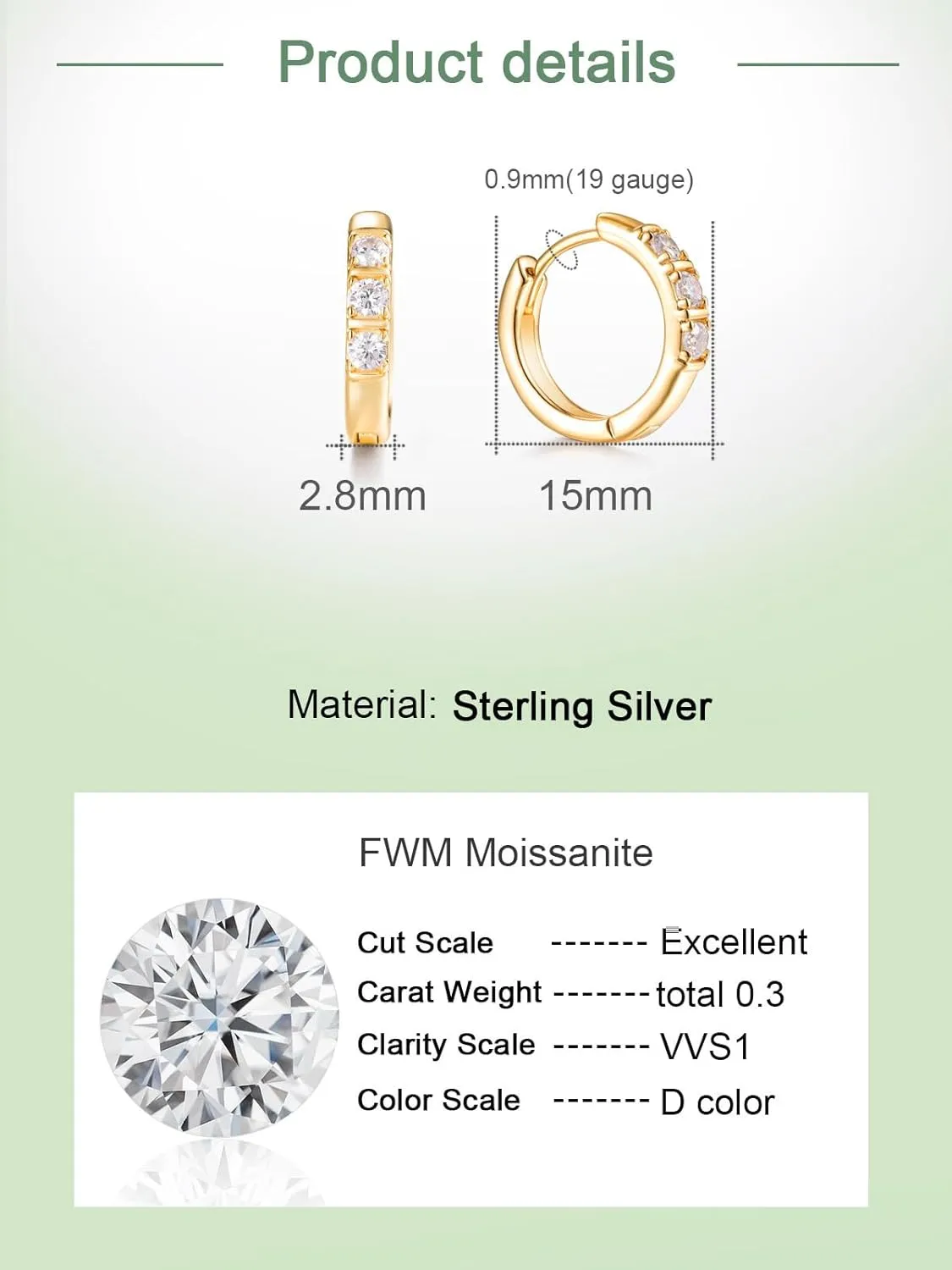 D Color VVS1 Clarity Moissanite Simple Small Hoop Earrings for Women Men, 15mm/20mm, Solid 925 Sterling Silver, Hypoallergenic Comfy Everyday Earrings, Christmas Birthday Gifts
