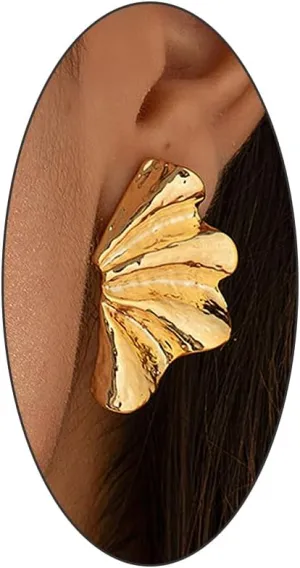 Dainty Exaggerated Large Geometric Leaf Gold Earrings for Women Miss, 14K Gold Irregular Minimalist Angel Wings Stud Earrings Jelwery Gift