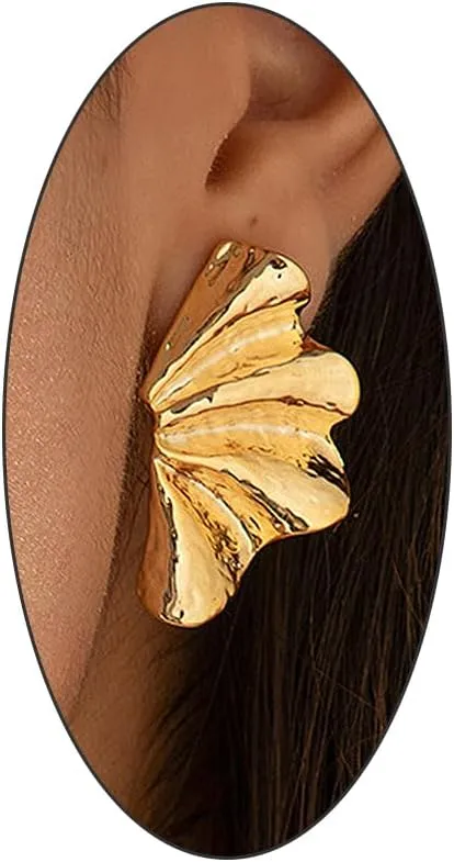 Dainty Exaggerated Large Geometric Leaf Gold Earrings for Women Miss, 14K Gold Irregular Minimalist Angel Wings Stud Earrings Jelwery Gift