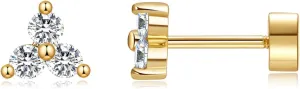 Dainty Flat Back Stud Earrings for Women 14K Gold Plated CZ Small Flatback Stud Earrings, Hypoallergenic Cartilage Tragus Piercing Screw Back Earrings for Women Trendy Gold Jewelry