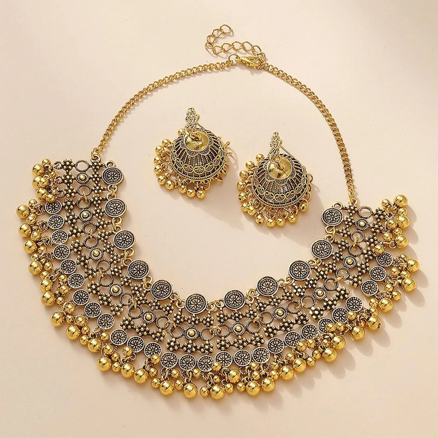Dainty Gold Indian Jewelry Set - Vintage Necklace & Choker for Wedding