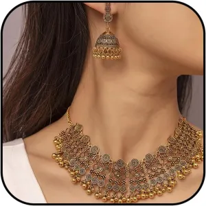 Dainty Gold Indian Jewelry Set - Vintage Necklace & Choker for Wedding