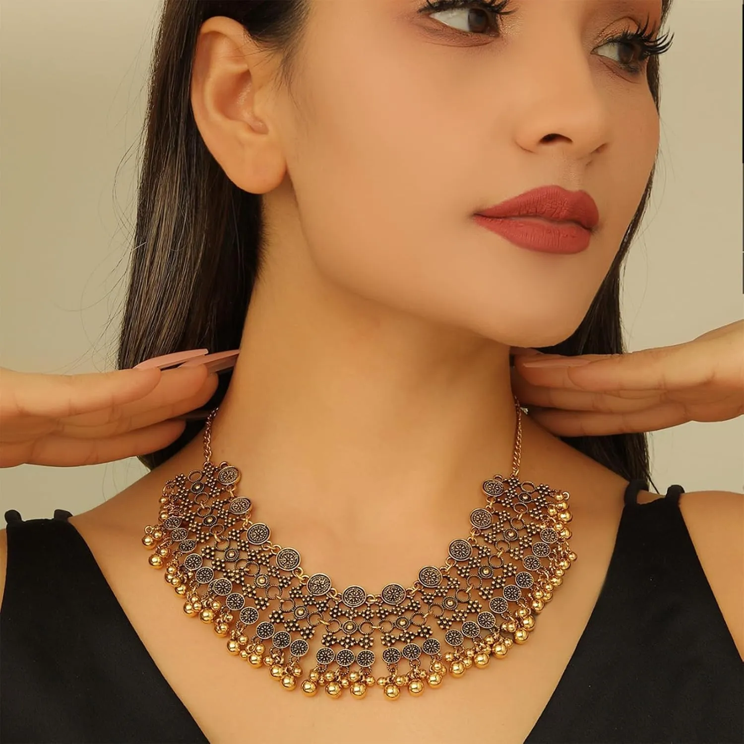 Dainty Gold Indian Jewelry Set - Vintage Necklace & Choker for Wedding
