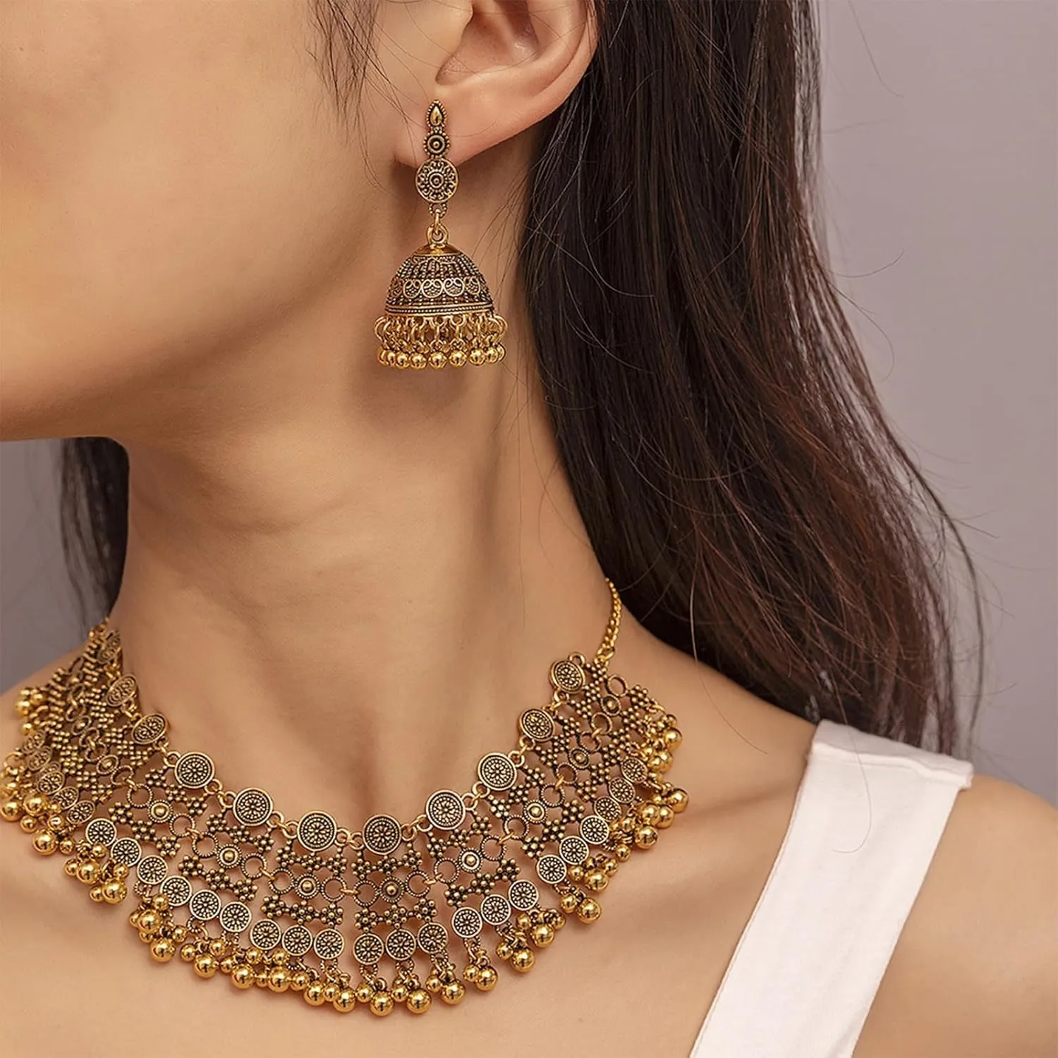 Dainty Gold Indian Jewelry Set - Vintage Necklace & Choker for Wedding