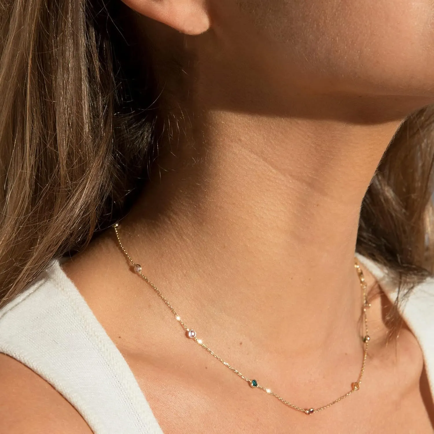 Dainty Gold Necklace for Women, Gold Plated Cubic Zirconia Drop Satellite Chain Necklace Jewelry for Women