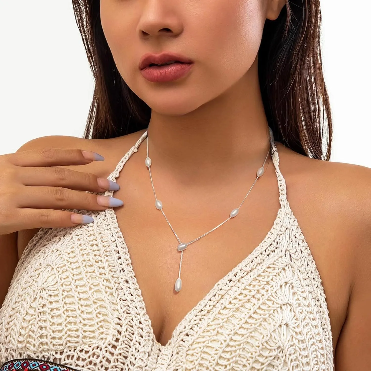 Dainty Pearl Necklaces for Women 925 Sterling Silver Simple White Pearl Drop Y Long Pendant Necklace Pearls Gold Choker Necklace for Mother Bride Wedding Jewelry Graduation Gift