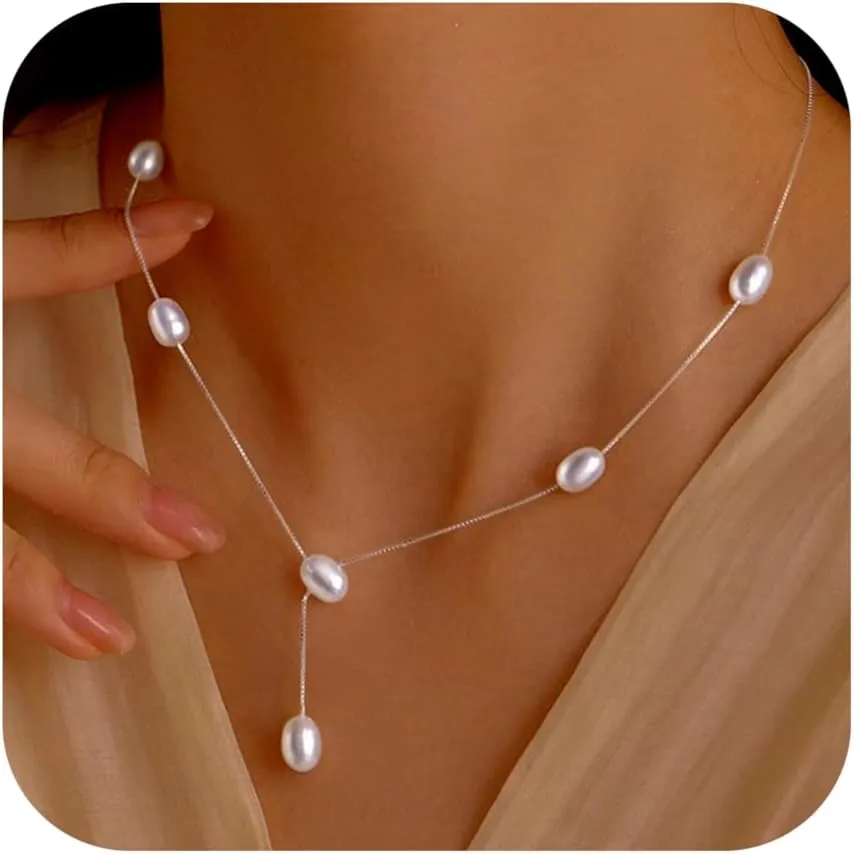Dainty Pearl Necklaces for Women 925 Sterling Silver Simple White Pearl Drop Y Long Pendant Necklace Pearls Gold Choker Necklace for Mother Bride Wedding Jewelry Graduation Gift