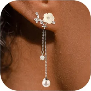 Dangle Pearl Drop Earrings For Women Trendy Long Threader Chain Dainty Flower Wedding Earrings For Brides CZ Cute 14K Gold Statement Sparkly Jewelry