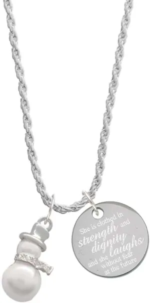 Delight Jewelry Silvertone Imitation Pearl Snowman She is Clothed in Strength and Dignity Charm Necklace, 20" 3"