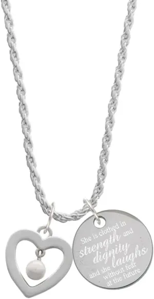Delight Jewelry Silvertone Open heart with Imitation Pearl Drop She is Clothed in Strength and Dignity Charm Necklace, 20" 3"