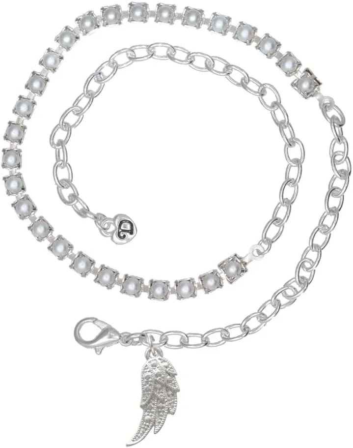 Delight Jewelry Silvertone Textured Angel Wing Imitation Pearl Chain Wrap Charm Bracelet, 14"