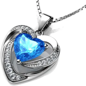 DEPHINI - Heart Necklace - 925 Sterling Silver - Branded Aqua CZ Crystal Pendant Birthstone - Fine Jewellery Love - 18" Premium Rhodium Plated Silver Chain - Cubic Zirconia - Gifts for Women