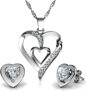 DEPHINI - Heart Necklace & White Heart Earrings SET - 925 Sterling Silver - Crystal Studs & Pendant Birthstone- Fine Jewellery set for women - 18" Rhodium Plated Silver Chain - Cubic Zirconia
