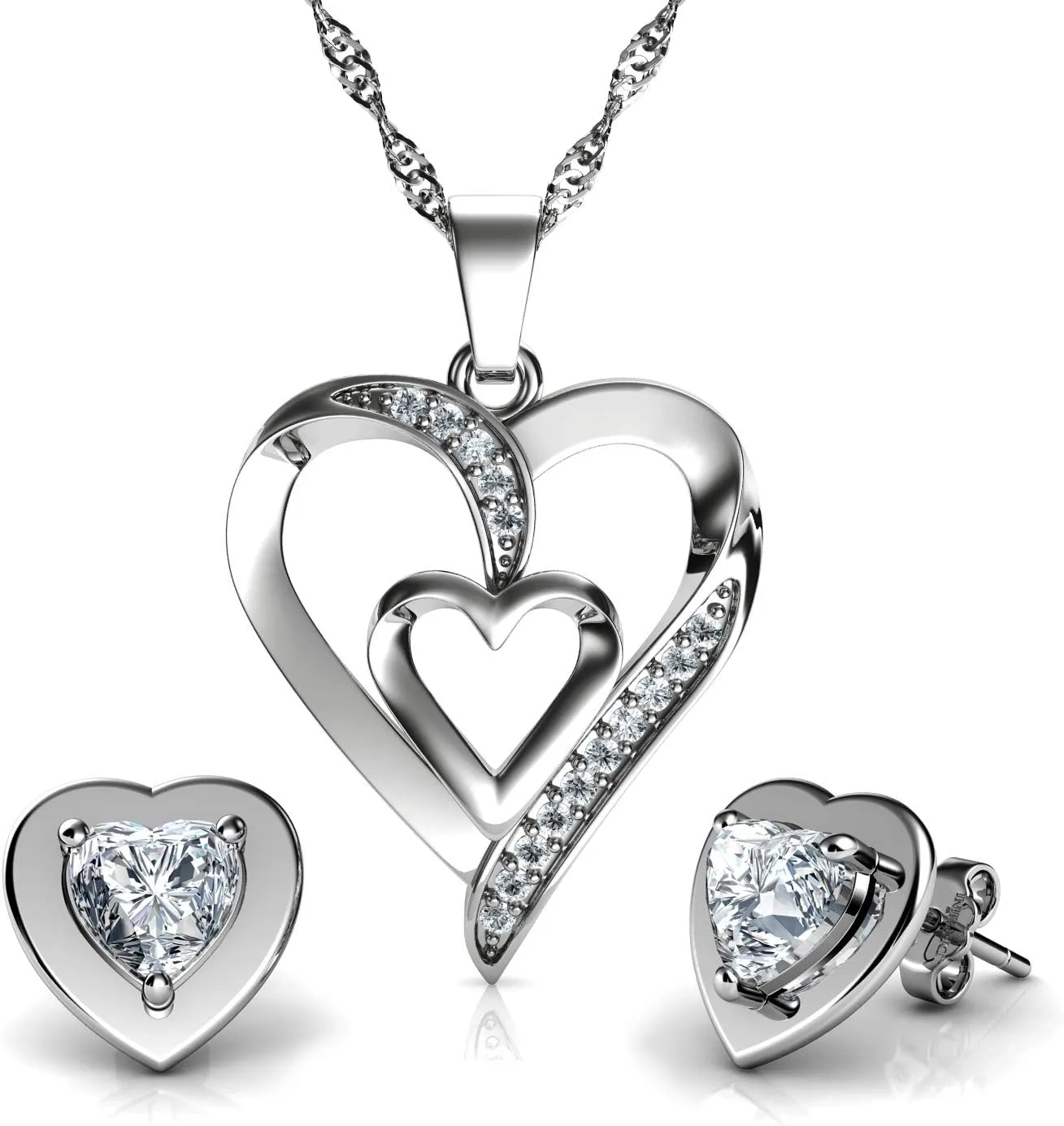 DEPHINI - Heart Necklace & White Heart Earrings SET - 925 Sterling Silver - Crystal Studs & Pendant Birthstone- Fine Jewellery set for women - 18" Rhodium Plated Silver Chain - Cubic Zirconia