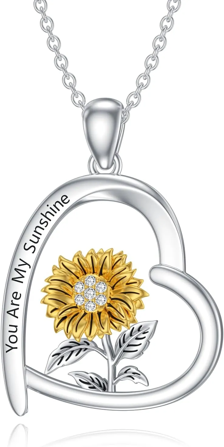 Diamond Sunflower Necklace 925 Sterling Silver Sunflower Heart Pendant You Are My Sunshine Jewelry Gift for Women Mother's Day