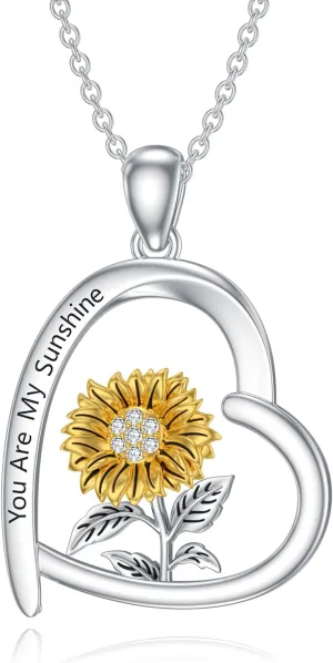 Diamond Sunflower Necklace 925 Sterling Silver Sunflower Heart Pendant You Are My Sunshine Jewelry Gift for Women Mother's Day